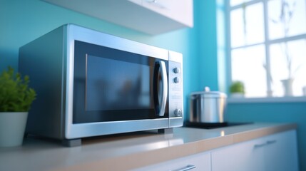 A powerful microwave with a sleek silver finish, showcased on a light sky-blue backdrop.
