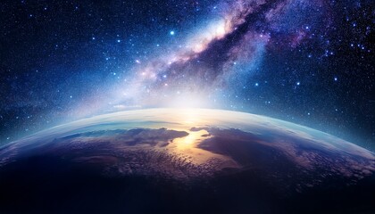 Fototapeta premium A stunning view of Earth from space, showcasing the planet's curvature against a backdrop of a starry sky and the Milky Way galaxy.