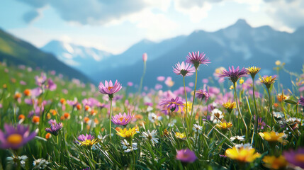 Obraz premium Beautiful meadow with colorful flowers, purple and yellow daisies in the foreground, mountains in the background, generative AI