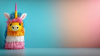 Fototapeta premium Piñata : blindfolded child swinging, festive decorations surrounding, happy piñata filled with treats, colorful atmosphere, joyous party guests, Mexican custom, April 18th, lively celebration.