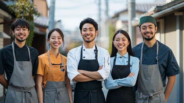 Culinary Team's Charm: A diverse group of chefs and service staff radiates professionalism, warmth, and unity in a serene outdoor setting, capturing the essence of culinary expertise and teamwork