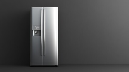 A sleek metallic refrigerator with a touch-control panel, placed on a dark gradient background.