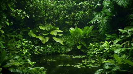 Fototapeta premium Dense Rainforest Scene Under Rain
