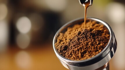 Freshly ground coffee cascading into a portafilter, capturing the essence of artisanal brewing.
