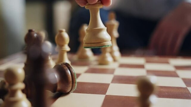 Chessboard Close up of final checkmate move. one hand poised over the winning piece. Tension and precision of strategic victory, symbolizing dominance, intellect, and culmination of careful planning.