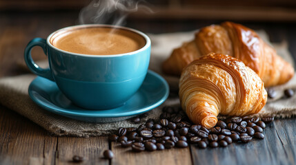 A steaming cup of coffee on a wooden table, surrounded by coffee beans and a croissant, painted in cozy earth tones