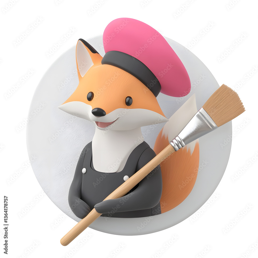 Poster whimsical of a cute and creative fox character dressed as an a beret and holding a paintbrush agains