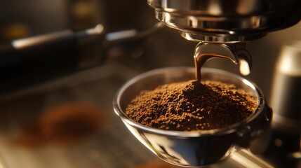 Freshly ground coffee cascading into a portafilter, capturing the essence of artisanal brewing.
