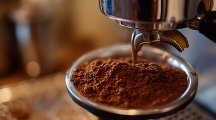 Freshly ground coffee cascading into a portafilter, capturing the essence of artisanal brewing.
