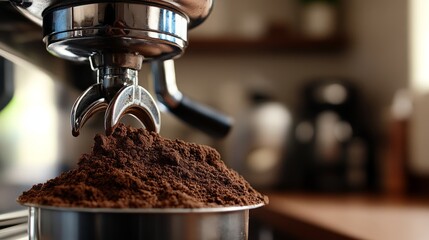 Freshly ground coffee cascading into a portafilter, capturing the essence of artisanal brewing.
