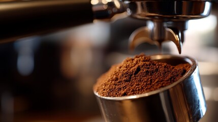 Freshly ground coffee cascading into a portafilter, capturing the essence of artisanal brewing.
