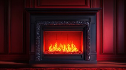 A stylish electric fireplace glowing warmly, featured on a deep red background.