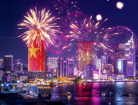 Skyline with fireworks light up sky over business district in Ho Chi Minh City