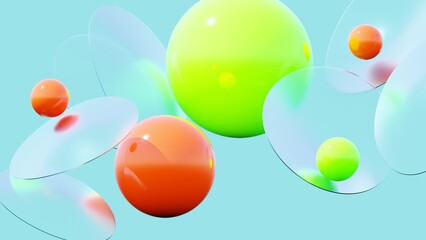 A futuristic abstract background with floating translucent spheres in bright green and orange, ideal for desktop wallpapers and smartphone screens. 3D Render