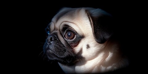 A focused and adorable pug dog captured in beautiful lighting