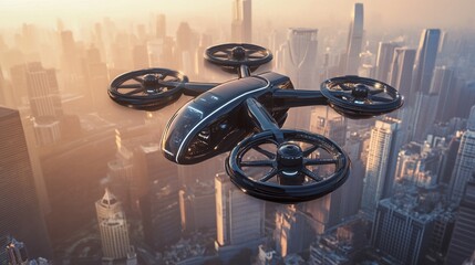 Autonomous drone taxi flying over futuristic city at sunrise