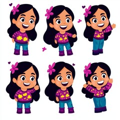 Charming Pixel Art Character Smiling Girl with Purple Sweater and Flower on White