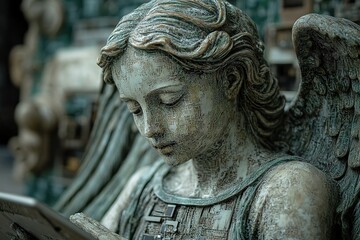 Obraz premium A digital angel statue with wings looking down at something