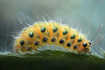 Fototapeta premium Close-up portrait of a brightly colored caterpillar feasting on a leaf, emphasizing its detailed texture and patterns