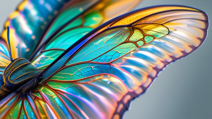 Close-up hyper zoom of a butterfly&rsquo;s wings, showcasing intricate patterns and colors