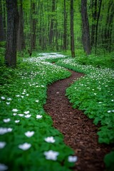 Obraz premium A winding forest path surrounded by vibrant green foliage and flowers