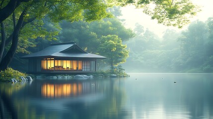 Fototapeta premium Beautiful japanese garden in the morning at sunrise with fog.