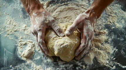 Fototapeta premium Flour-dusted hands shaping dough, capturing the art of bread-making on a neutral grey surface