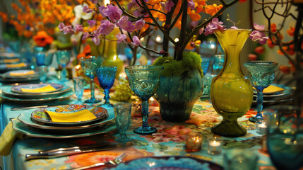 A beautifully arranged wedding reception table with pastel floral centerpieces, elegant glassware, and soft candlelight, creating a romantic atmosphere.