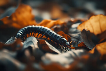 Obraz premium Millipede Crawling on Fallen Autumn Leaves in a Forest Macro Shot