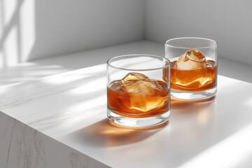 Two glasses of whiskey on a counter, illuminated by warm evening light, casting long shadows against the wooden surface.