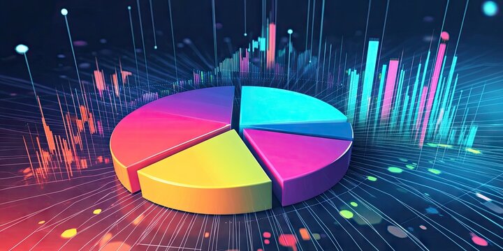Vibrant pie charts and infographics presenting market share and demographic data.