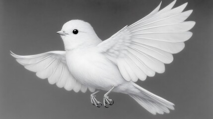 White bird in flight, wings spread wide, monochrome.