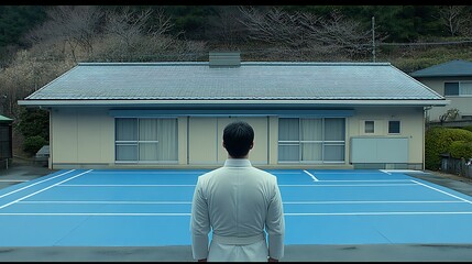 Man in white stands on blue tennis court facing house.
