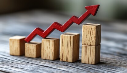 Wooden Bar Chart with Upward Red Arrow Symbolizing Growth and Success on Rustic Wooden Background