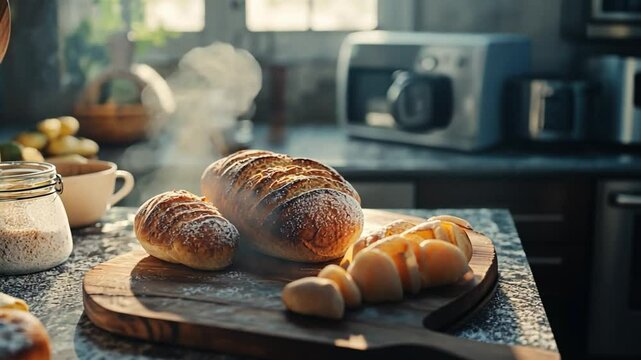 Artisan Bread and Garlic: A warm, inviting kitchen scene features a loaf of freshly baked artisan bread and aromatic garlic cloves artfully arranged on a wooden cutting board. Steam rises.