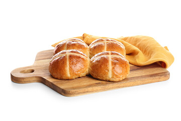 Wooden board with Easter cross buns and napkin on white background