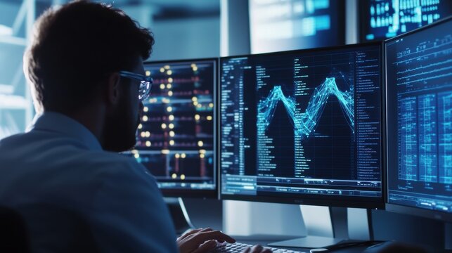 A bioinformatics researcher analyzing genetic data on a computer, modern tech office with multiple screens showing DNA sequencing and analytics software, High-tech style