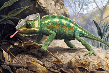 Obraz premium Detailed Chameleon Portrait in Natural Habitat, Expressive Colors and Intricate Scales, Artistic Rendition