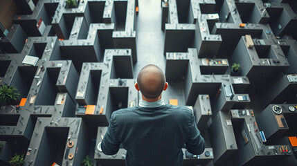 Navigating challenges businessman facing a maze office environment conceptual image overhead view strategy and problem-solving
