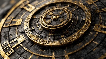 Obraz premium Ornate, golden, circular, metallic, ancient, intricate, design, textured, pattern, detailed, close-up, 
