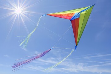 A colorful kite soars against a clear blue sky, illuminated by the sun, showcasing vibrant hues and flowing tails.