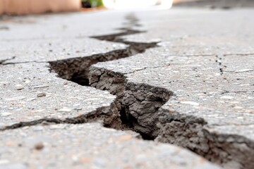 A close-up of a cracked surface, showcasing the fissures in the pavement, highlighting the potential damage from natural events or wear over time.