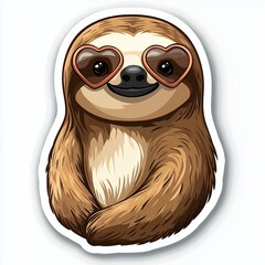 Adorable Brown Sloth in Heart Sunglasses on White Background