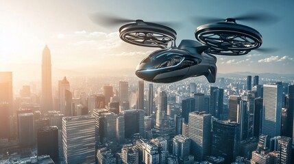 Autonomous drone taxi flying over cityscape at sunset