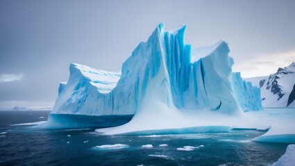 Majestic iceberg floats in Antarctic waters, glistening against gray skies
