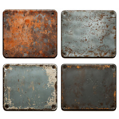 rusted metal plates set, weathered steel textures.