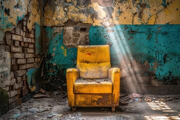 An old, yellow armchair sits alone in a decaying room, illuminated by rays of sunlight streaming through grime-covered walls.
