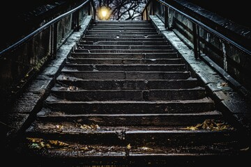 Obraz premium A dimly lit staircase leads upwards, flanked by metal railings, with a glowing lamp at the top, evoking a mysterious and atmospheric setting.