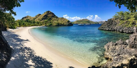 Fototapeta premium Secluded bay with powdery white sand, swaying palms, and vibrant coral reefs visible through transparent water. 