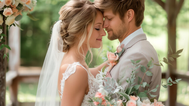 A newlywed couple sharing a romantic gaze under a canopy of cherry blossoms, the bride holding a delicate pastel-colored bouquet.